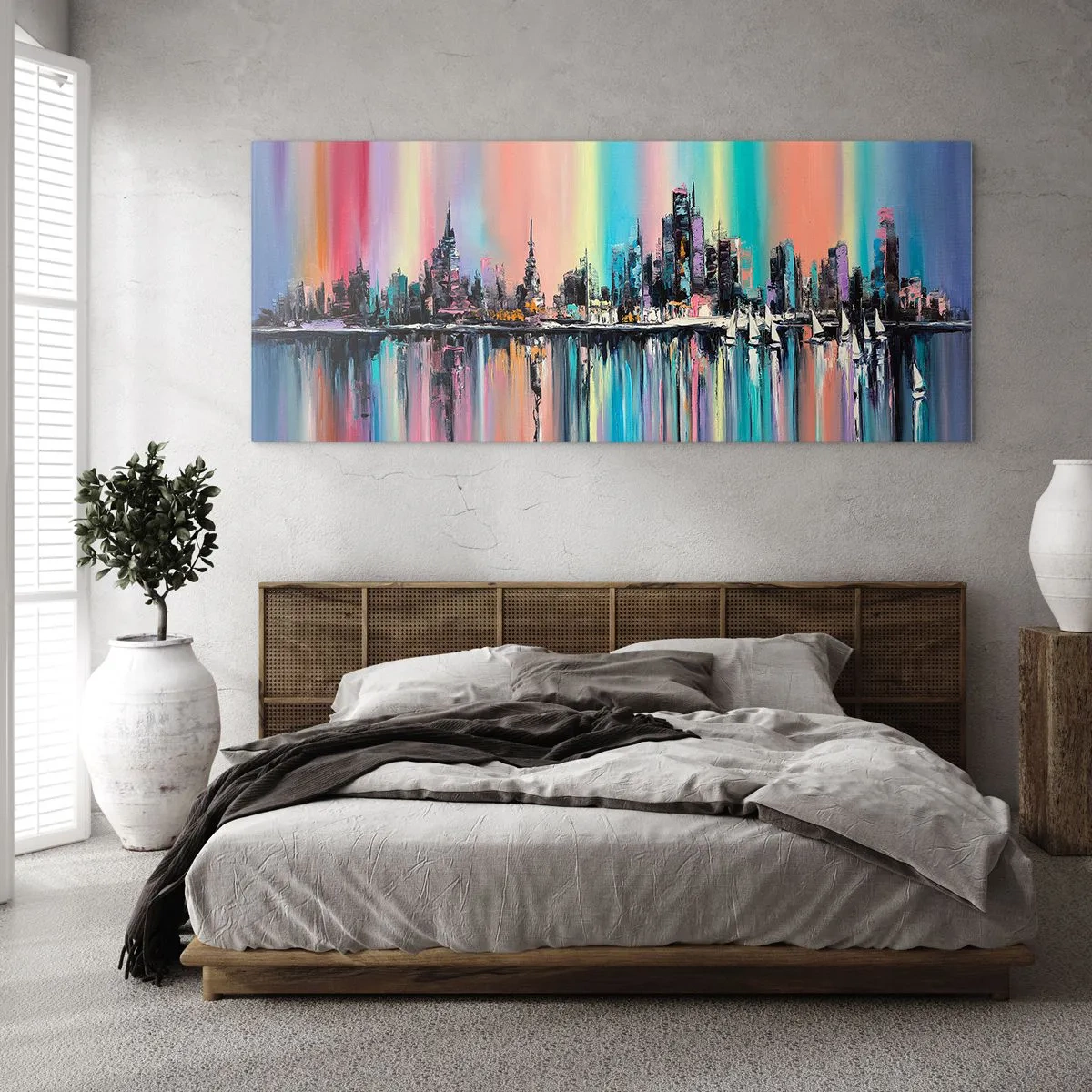 Impression sur verre - Image sur verre - Paysage urbain coloré avec reflet sur l'eau - 160x50cm - Noyé par la lumière de la nuit - Décoration murale moderne pour le salon et la chambre ARTTOR