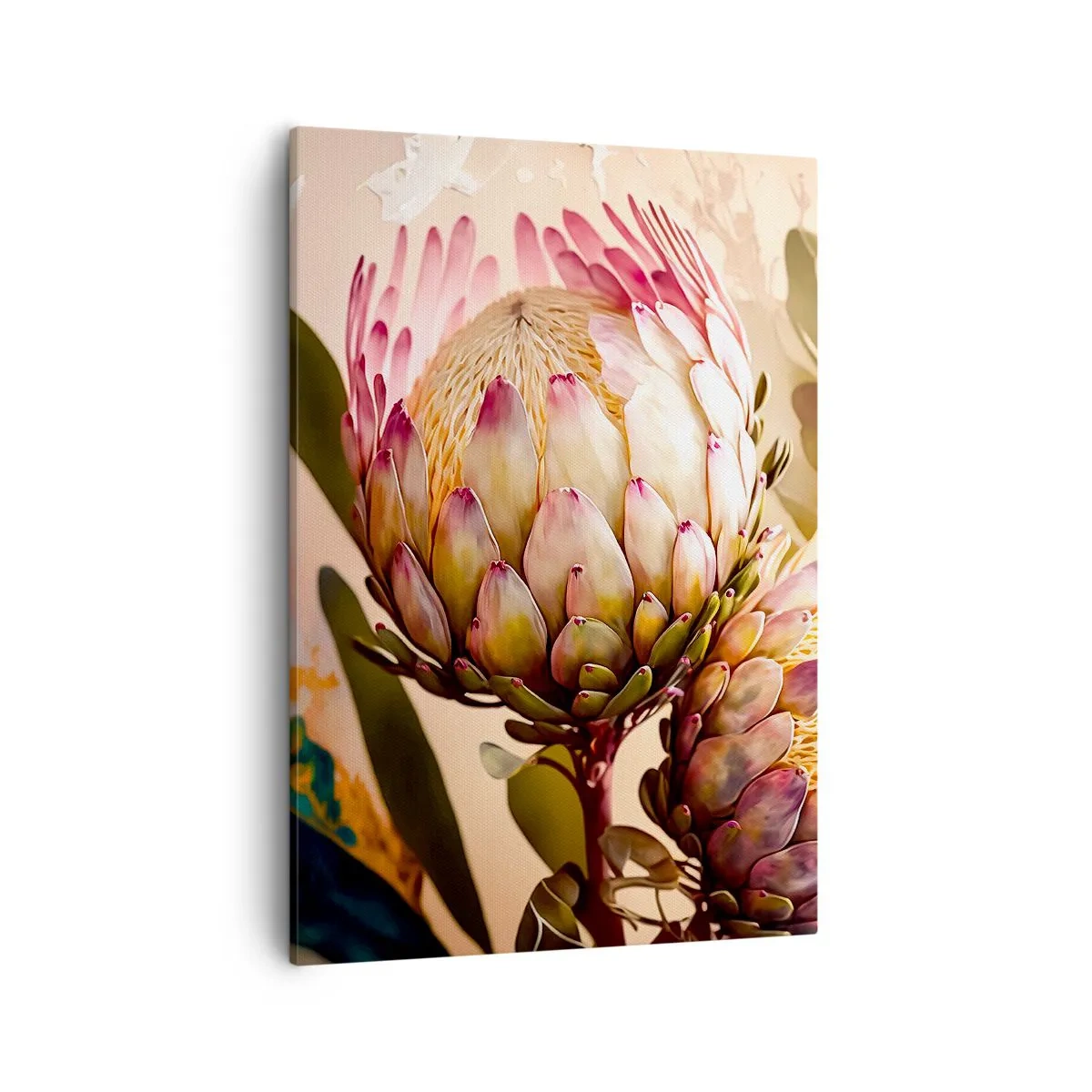 Impression sur toile - Image sur toile - Fleurs de protéa colorées sur un fond délicat - 50x70cm - Tendrement embrassé - Décoration murale moderne pour le salon et la chambre ARTTOR