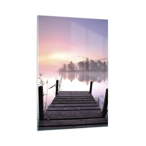 Impression sur verre - Image sur verre - Une jetée au bord du lac à l'aube avec du brouillard et un ciel pastel - 80x120cm - De la brume lilas… - Décoration murale moderne pour le salon et la chambre ARTTOR