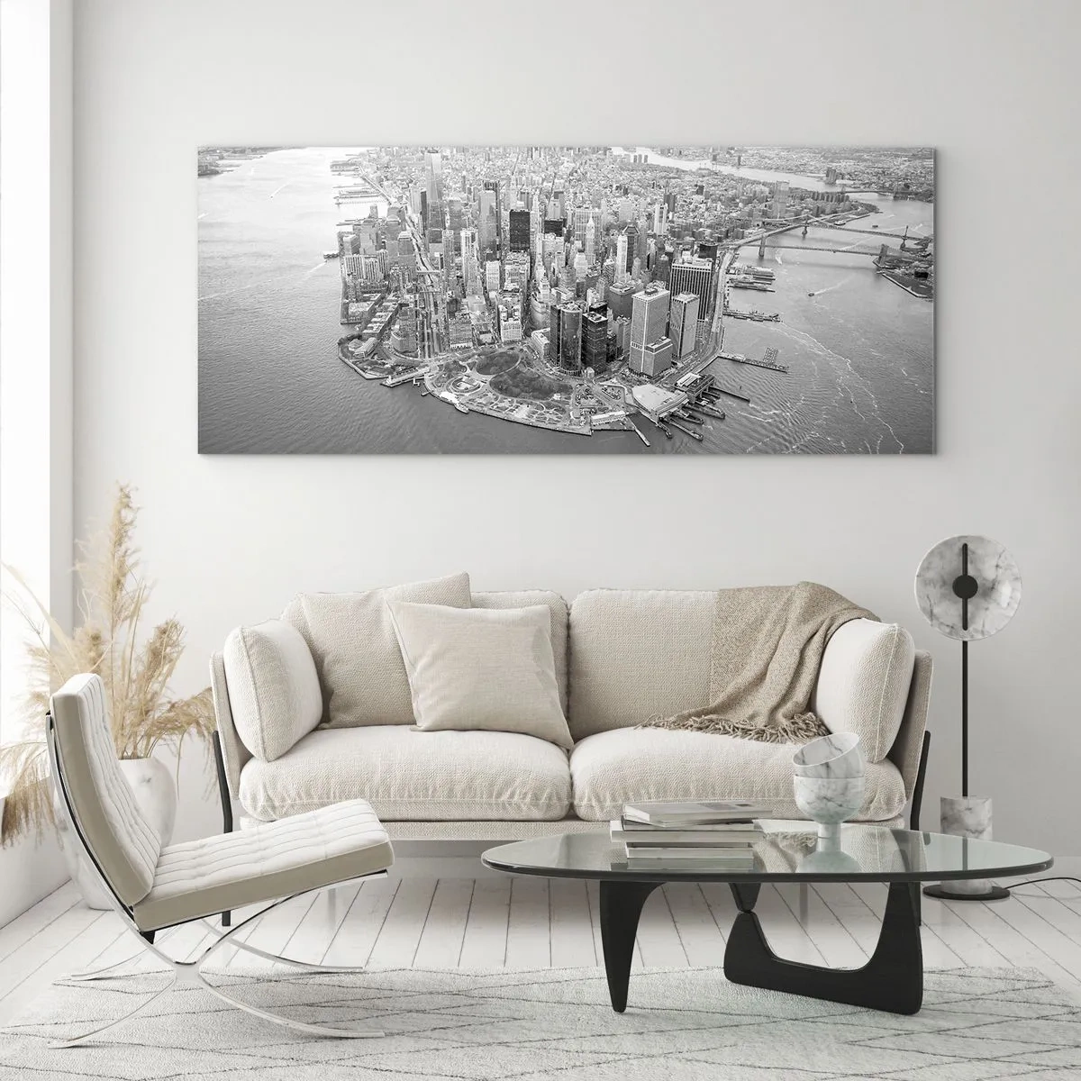 Impression sur verre - Image sur verre - Vue aérienne de Manhattan en noir et blanc - 140x50cm - Comment ne pas aimer ? - Décoration murale moderne pour le salon et la chambre ARTTOR