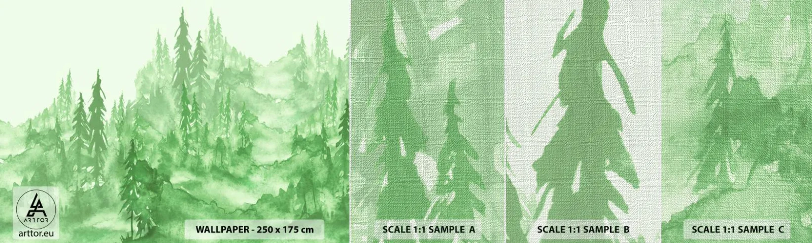 Échantillon de Papier Peint Premium Canvas - Flou de brouillard vert - Forêt, Graphique, Paysage - 100x30 cm