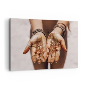 Impression sur toile - Image sur toile - Gros plan des mains avec des paillettes dans des tons chauds - 120x80cm - Un don pour vous - Décoration murale moderne pour le salon et la chambre ARTTOR