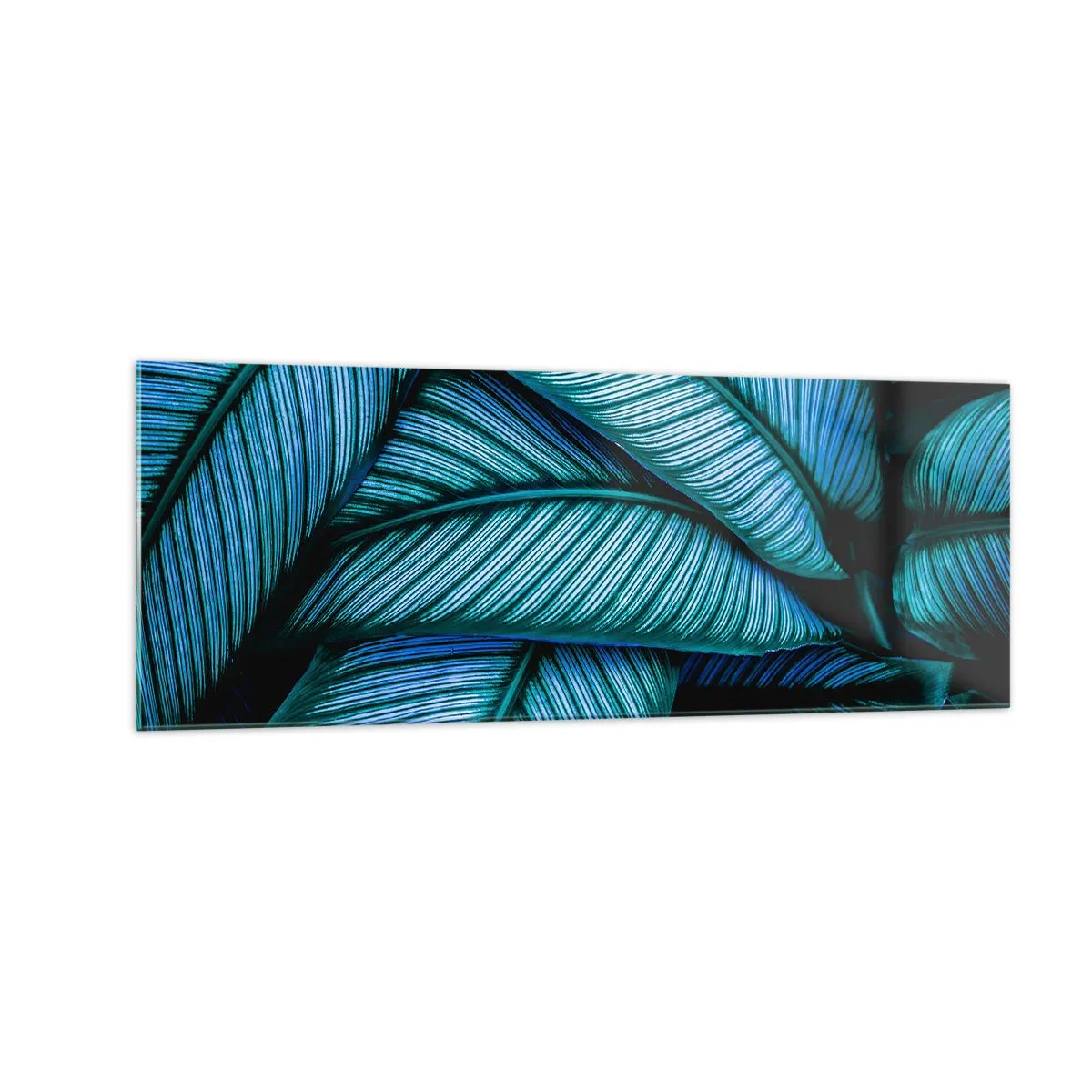 Impression sur verre - Image sur verre - Un gros plan de feuilles turquoise avec des détails vifs. - 140x50cm - Lignes de vie - Décoration murale moderne pour le salon et la chambre ARTTOR