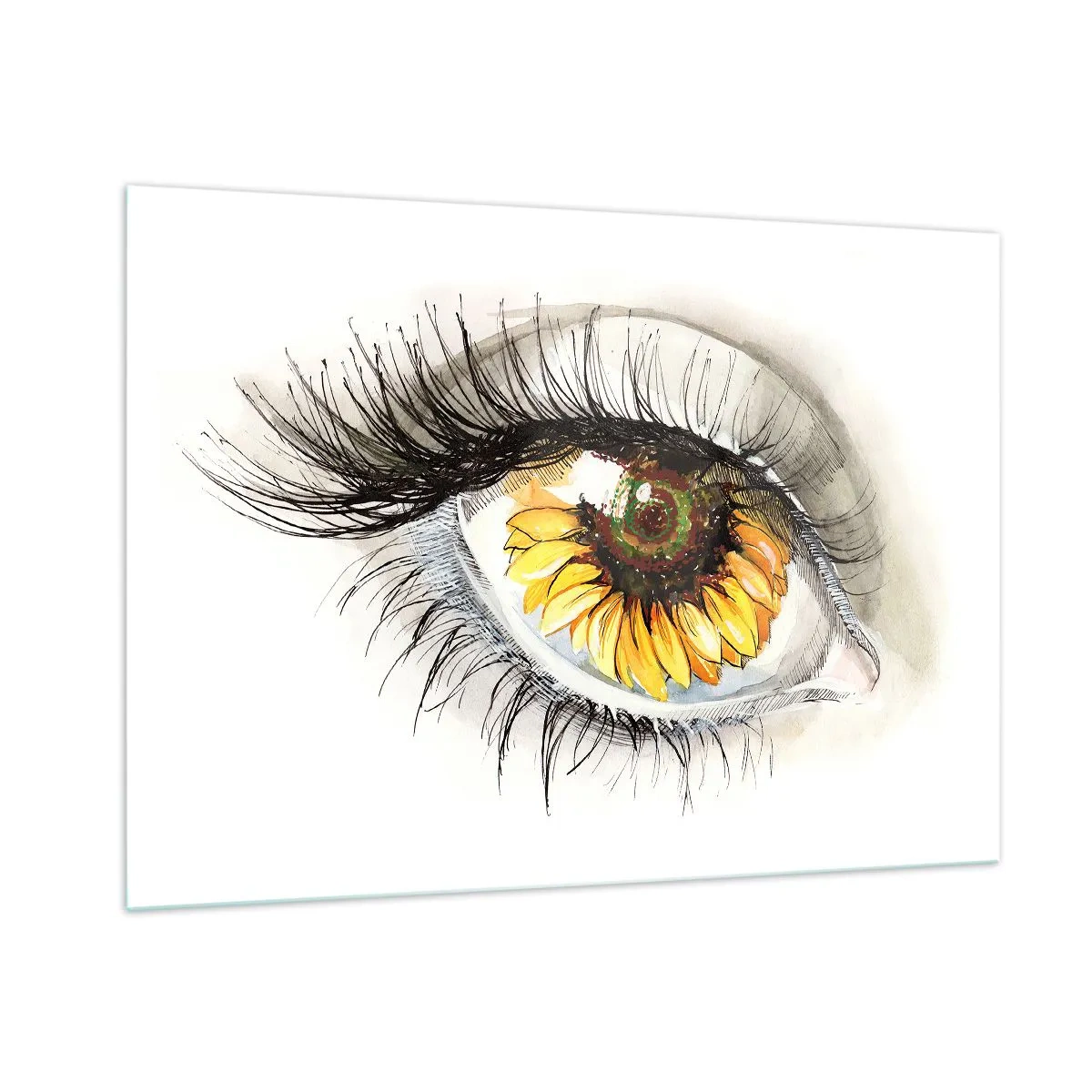 Impression sur verre - Image sur verre - Un œil avec un motif de tournesol entouré de détails délicats - 100x70cm - Un look aussi chaud que l'été - Décoration murale moderne pour le salon et la chambre ARTTOR