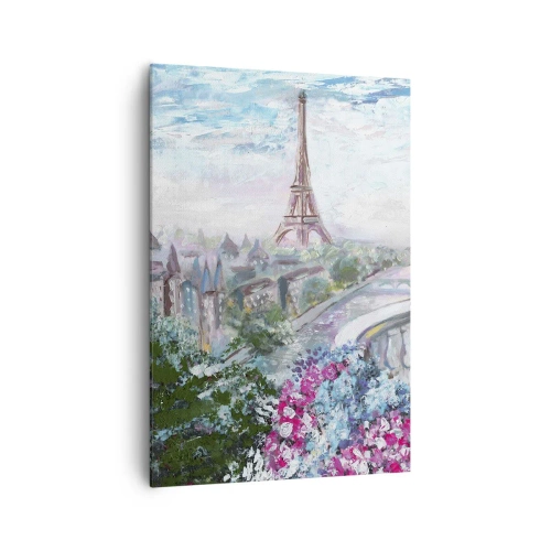 Impression sur toile - Image sur toile - Une vue romantique de Paris avec la Tour Eiffel et un balcon rempli de fleurs - 70x100cm - C'est le plus beau ici en mai - Décoration murale moderne pour le salon et la chambre ARTTOR