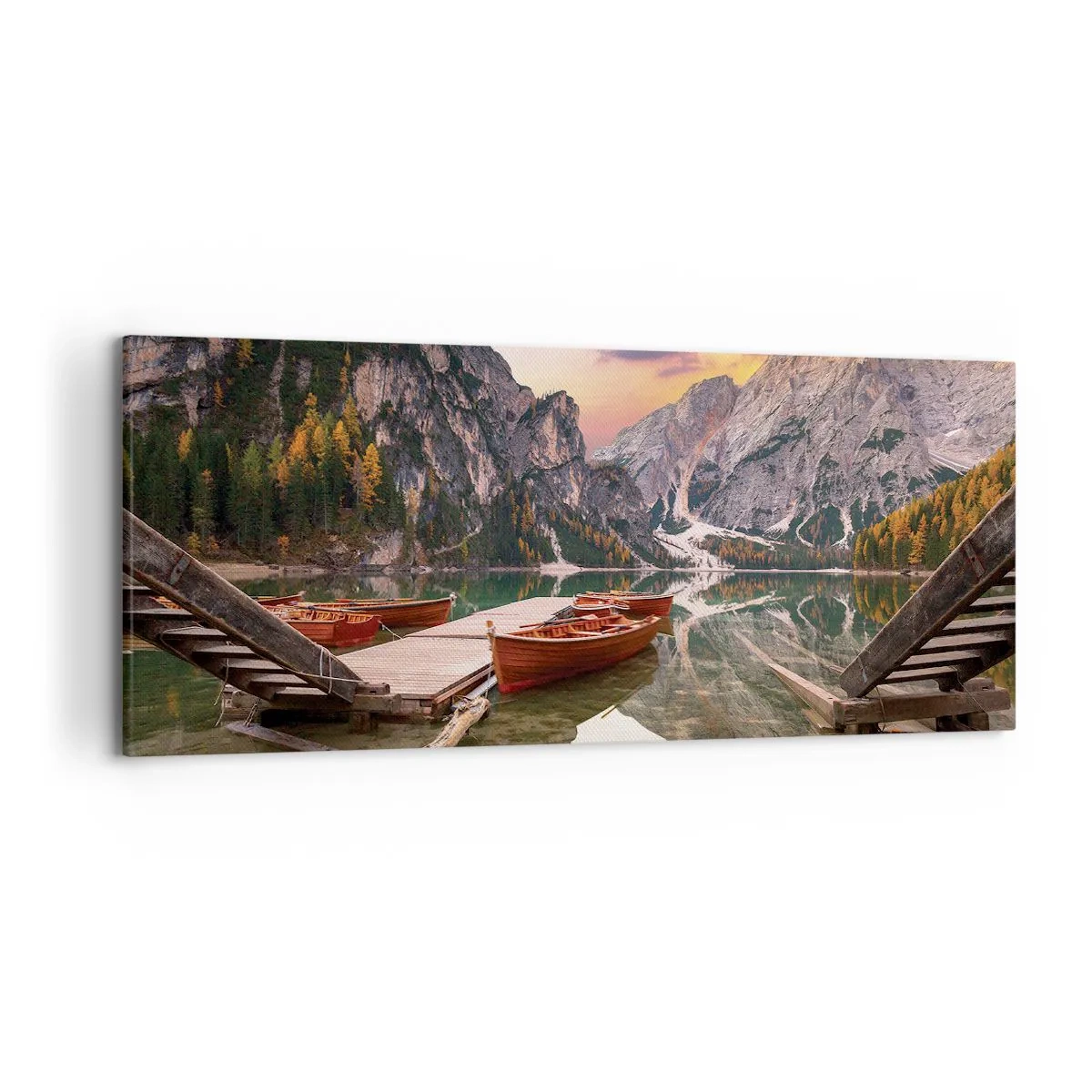 Impression sur toile - Image sur toile - Lac de montagne avec bateaux au coucher du soleil - 120x50cm - Promesse du jour - Décoration murale moderne pour le salon et la chambre ARTTOR