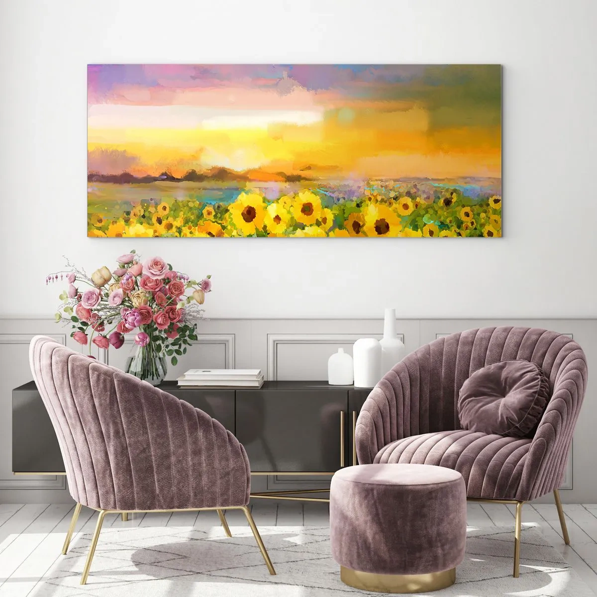Impression sur verre - Image sur verre - Un champ de tournesols à la lumière du soleil couchant - 120x50cm - Le soleil lui-même est descendu sur terre - Décoration murale moderne pour le salon et la chambre ARTTOR