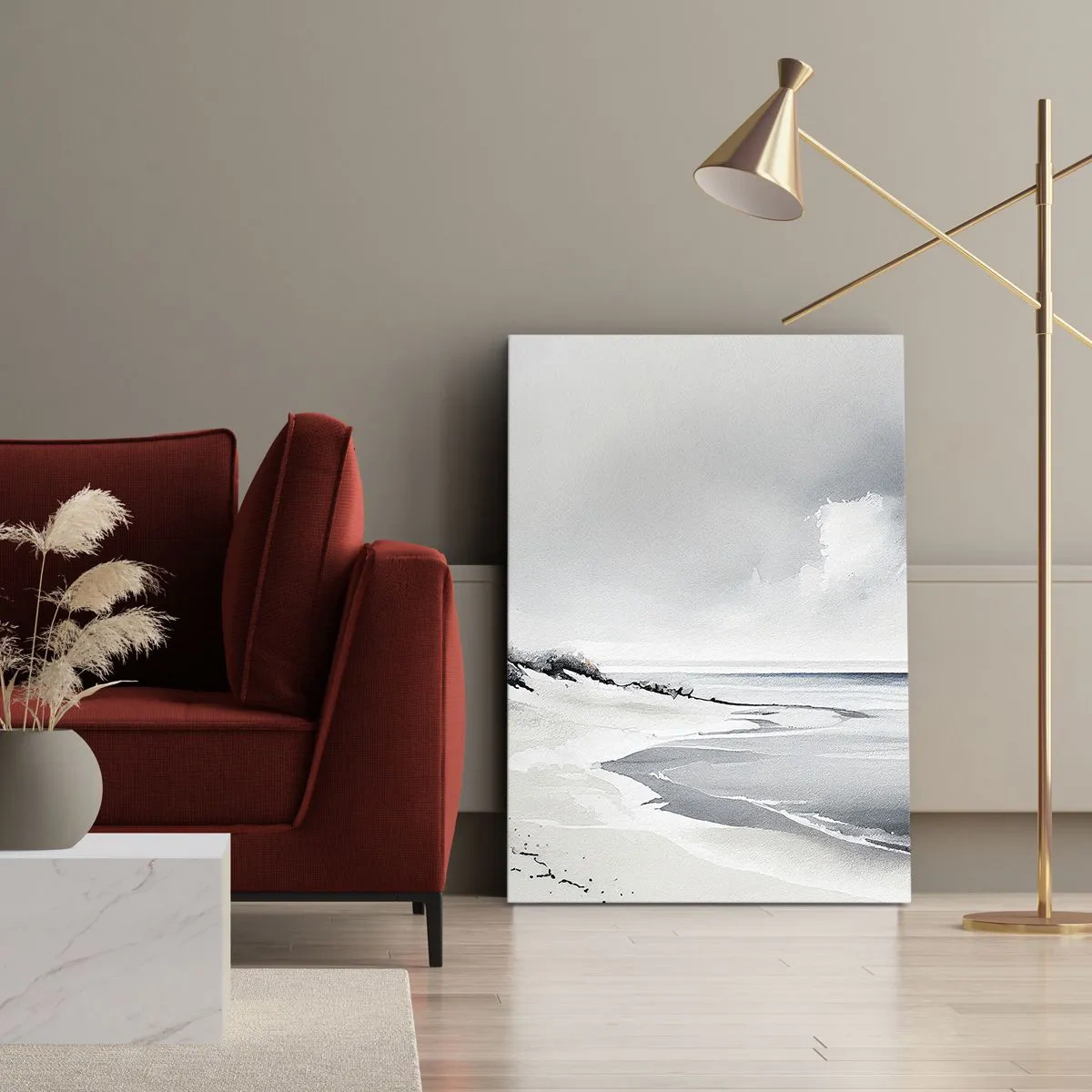 Impression sur toile - Image sur toile - Une plage aux tons sobres de gris et de bleu - 50x70cm - Ensemble depuis toujours - Décoration murale moderne pour le salon et la chambre ARTTOR
