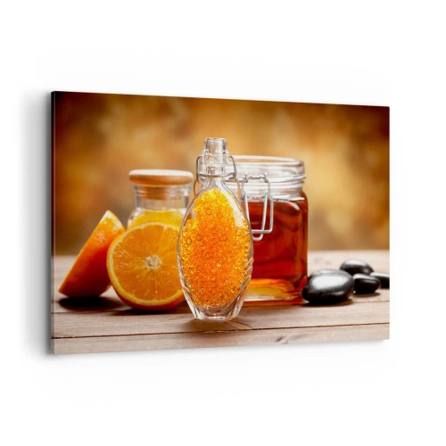 Impression sur toile - Image sur toile - Une bouteille de liquide ambré et des oranges fraîches - 120x80cm - Saveurs et arômes ensoleillés - Décoration murale moderne pour le salon et la chambre ARTTOR