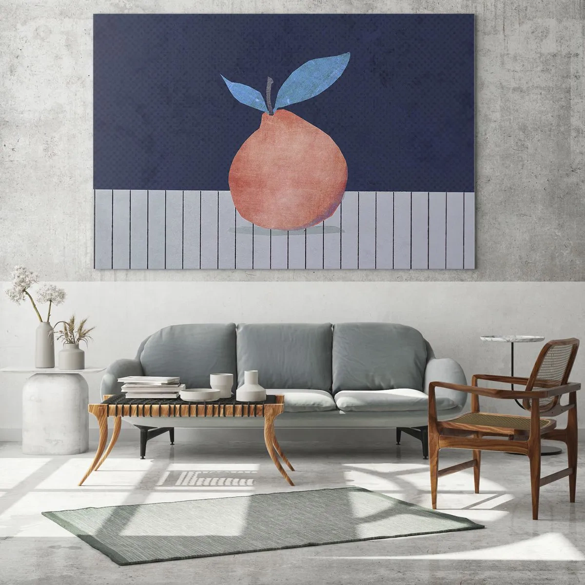 Impression sur verre - Image sur verre - Un fruit avec une forme abstraite sur fond de composition géométrique - 70x50cm - Convexité et plan - Décoration murale moderne pour le salon et la chambre ARTTOR