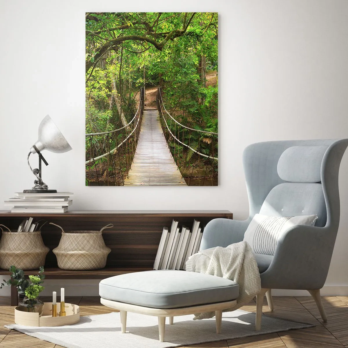 Impression sur verre - Image sur verre - Pont suspendu dans une forêt tropicale - 50x70cm - Parce qu'il y a une plante grimpante dans le jardin - Décoration murale moderne pour le salon et la chambre ARTTOR