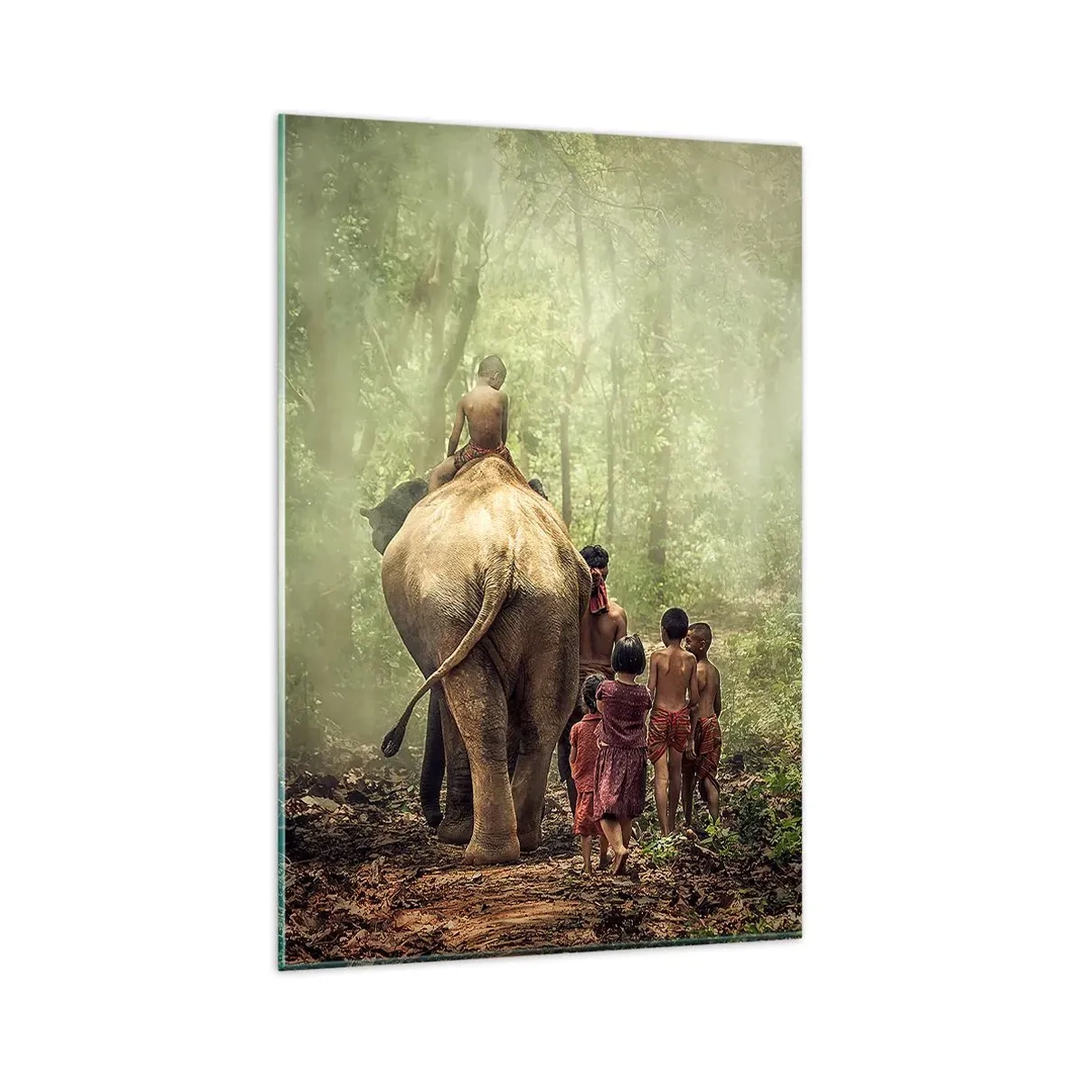 Impression sur verre - Image sur verre - Enfants avec un éléphant dans une forêt verte à la lumière du matin - 80x120cm - Nouveau livre de la jungle - Décoration murale moderne pour le salon et la chambre ARTTOR
