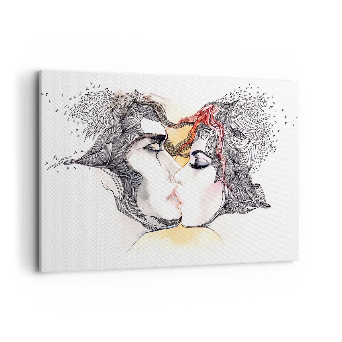 Impression sur toile - Image sur toile - Portrait artistique d'un couple avec des motifs de cheveux abstraits - 100x70cm - Le monde n'existe pas - Décoration murale moderne pour le salon et la chambre ARTTOR