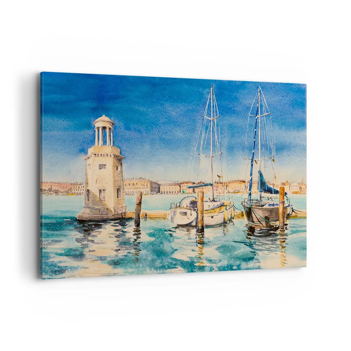 Impression sur toile - Image sur toile - Marina avec bateaux sur fond de lagon bleu - 120x80cm - Lagune ensoleillée - Décoration murale moderne pour le salon et la chambre ARTTOR