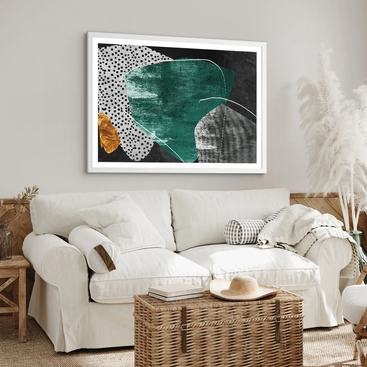 Affiche dans un cadre blanc - Poster - Abstraction colorée avec feuille d'or - 91x61 cm