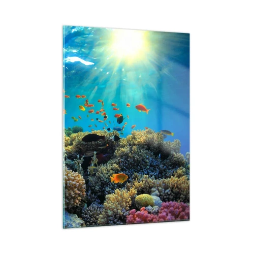 Impression sur verre - Image sur verre - Un récif corallien coloré illuminé par les rayons du soleil - 50x70cm - Trésor sous-marin - Décoration murale moderne pour le salon et la chambre ARTTOR