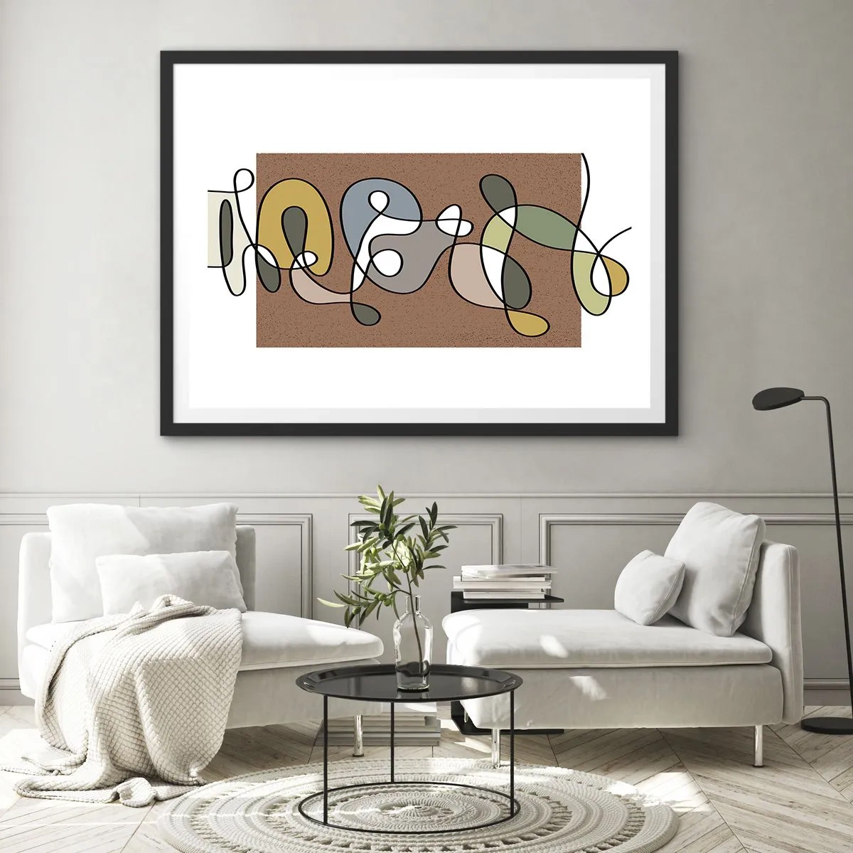 Affiche dans un cadre noir - Poster - Abstraction colorée avec des taches et des lignes - 100x70cm - Une abstraction qui mérite le sourire - Décoration murale moderne pour le salon et la chambre ARTTOR