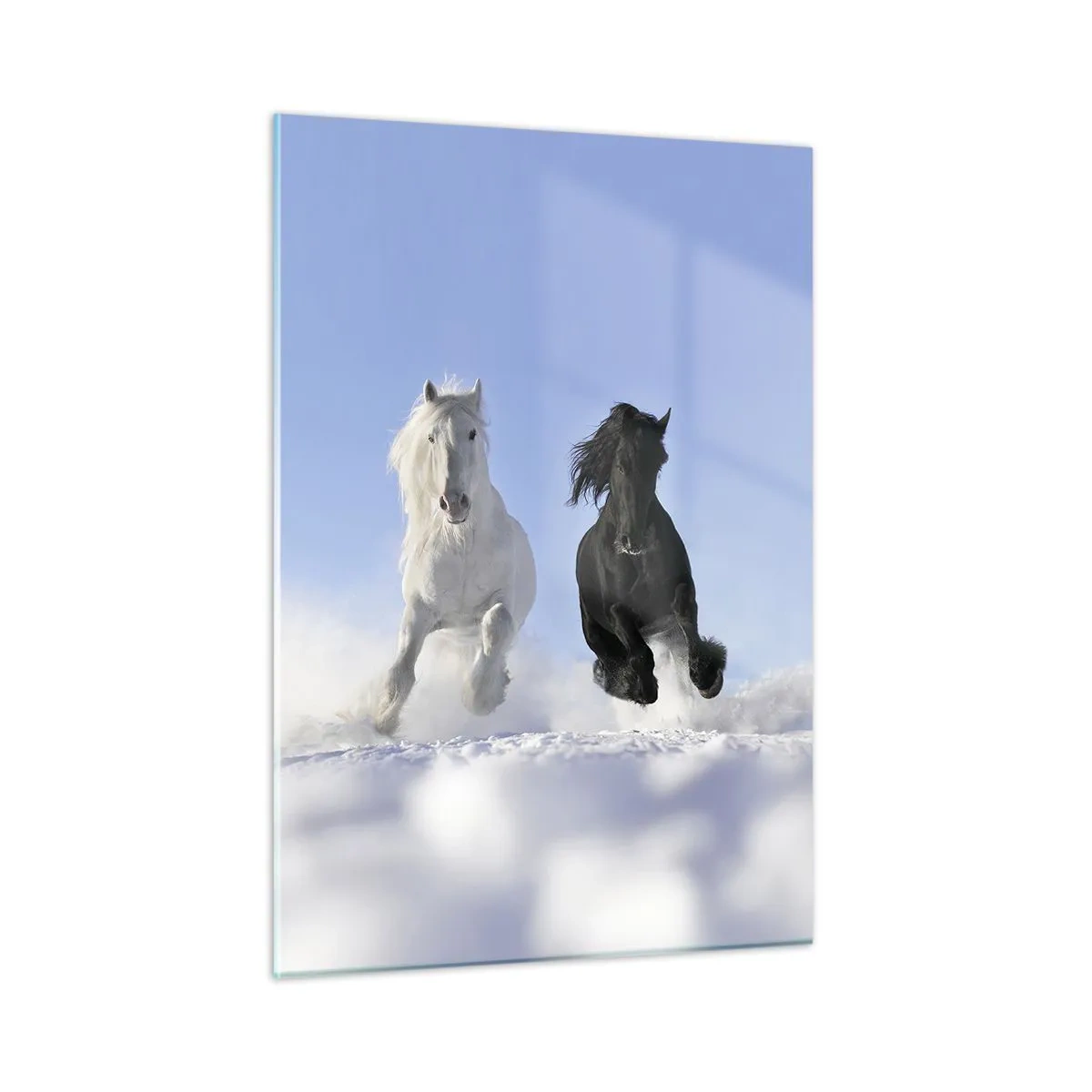 Impression sur verre - Image sur verre - Un cheval noir et blanc courant dans la neige dans un paysage hivernal - 50x70cm - Galop noir et blanc - Décoration murale moderne pour le salon et la chambre ARTTOR
