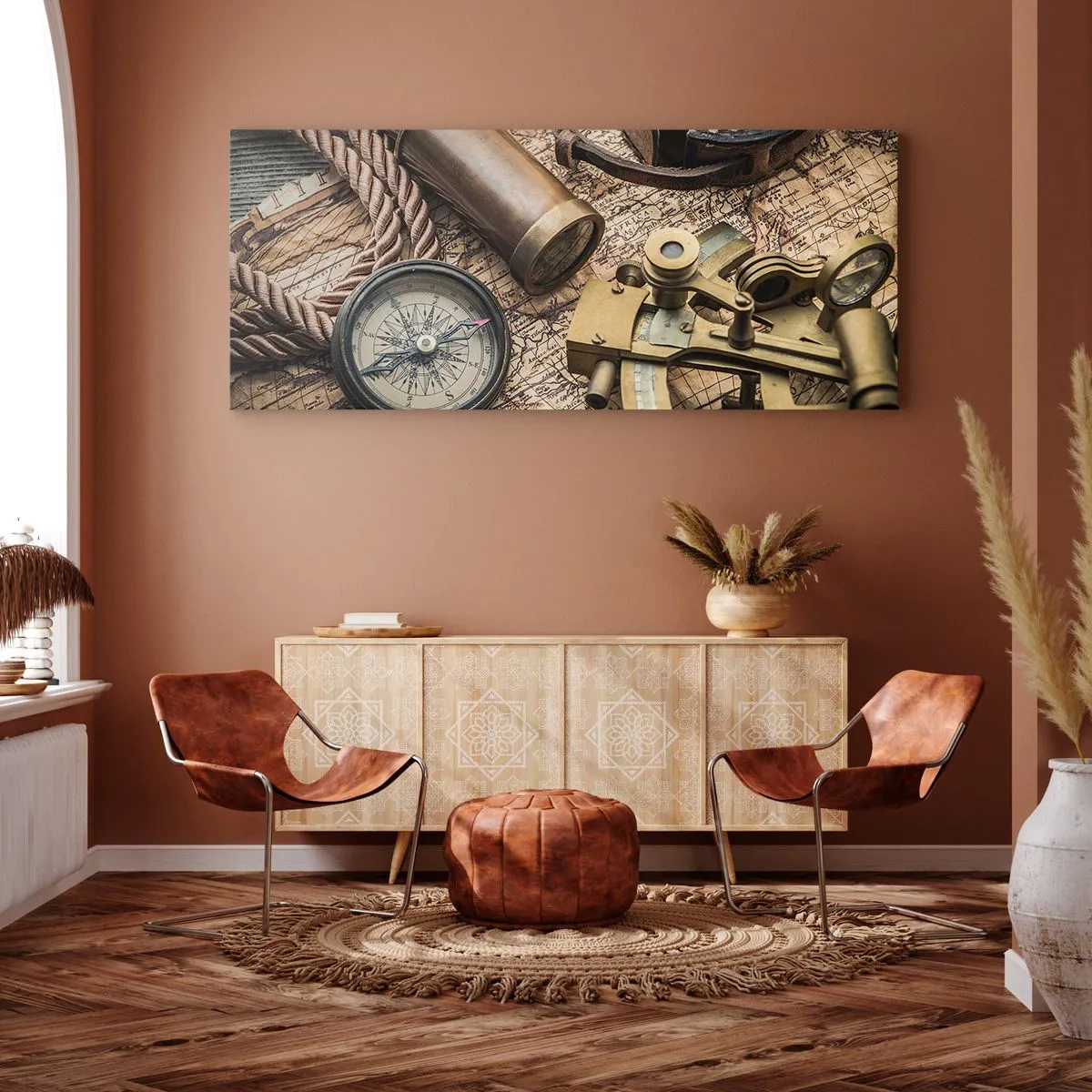 Impression sur toile - Image sur toile - Une boussole, un sextant et un télescope sur fond de vieille carte et de corde nautique. - 140x50cm - Fixer un cap - Décoration murale moderne pour le salon et la chambre ARTTOR