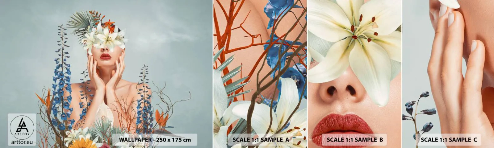 Échantillon de Papier Peint Autocollant Deluxe Sticker - Femme - fleur - Abstraction, Femme, Fleurs - 100x30 cm