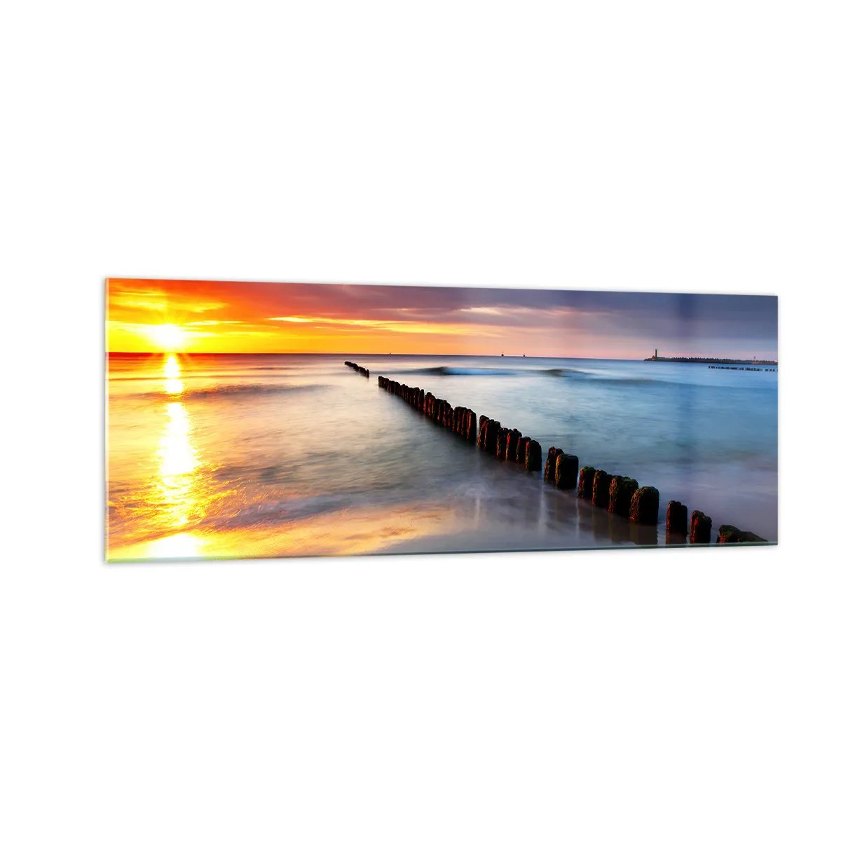 Impression sur verre - Image sur verre - Coucher de soleil sur la mer avec un brise-lames au premier plan - 140x50cm - Ecoute le silence - Décoration murale moderne pour le salon et la chambre ARTTOR