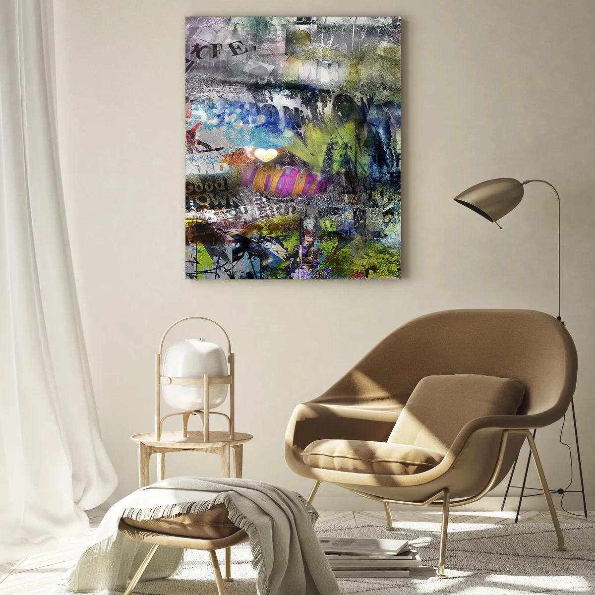 Impression sur verre - Image sur verre - Collage abstrait avec texte et couleurs variées - 70x100cm - Collage de souvenirs - Décoration murale moderne pour le salon et la chambre ARTTOR