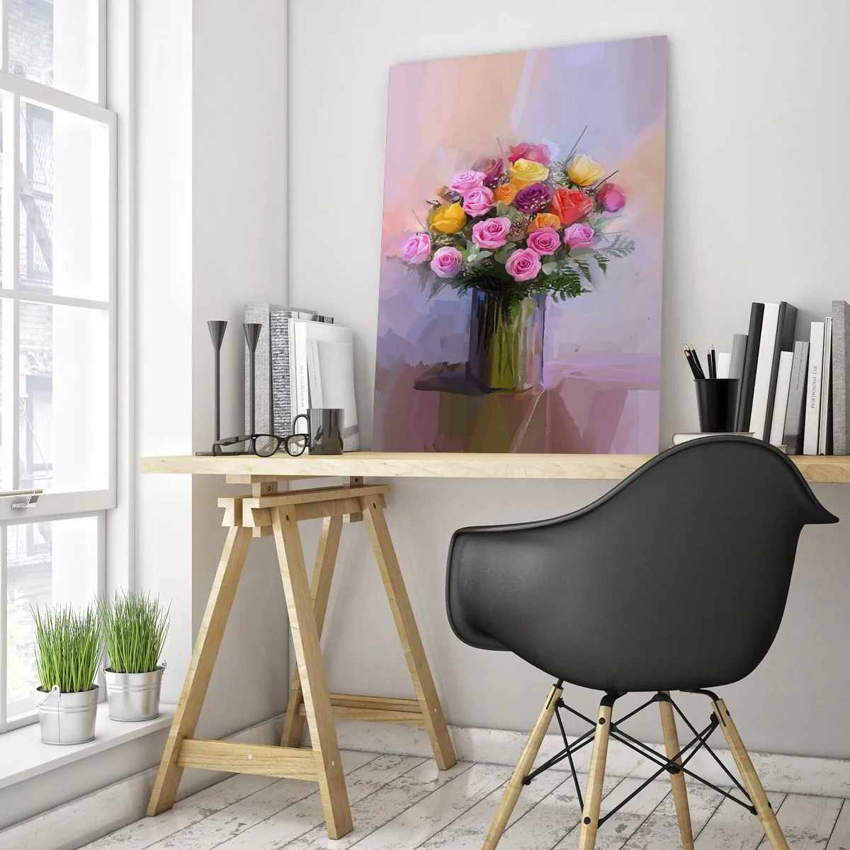 Impression sur verre - Image sur verre - Un bouquet de roses dans un vase en verre sur fond pastel - 50x70cm - Beauté conservée - Décoration murale moderne pour le salon et la chambre ARTTOR