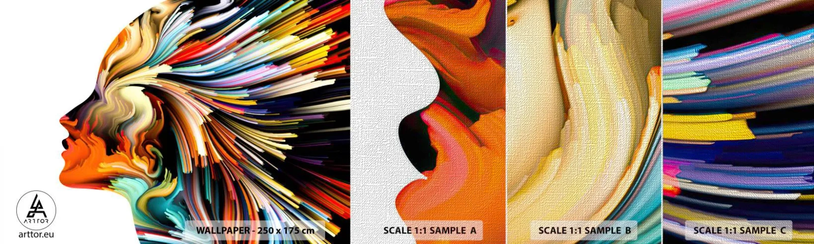 Échantillon de Papier Peint Premium Canvas - Une explosion d'imaginaire - Abstraction, Femme, Graphique - 100x30 cm