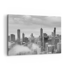 Impression sur toile - Image sur toile - Panorama de la ville avec des gratte-ciels dans les nuages en noir et blanc - 100x70cm - Paysage américain - Décoration murale moderne pour le salon et la chambre ARTTOR