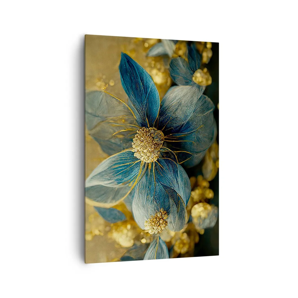 Impression sur toile - Image sur toile - Fleurs élégantes dans des tons de bleu et d'or - 80x120cm - Fleurir avec de l'or - Décoration murale moderne pour le salon et la chambre ARTTOR
