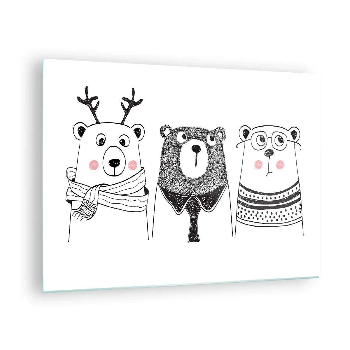 Impression sur verre - Image sur verre - Trois ours drôles dans une illustration en noir et blanc - 70x50cm - Ours en peluche, petit ours en peluche et doudou - Décoration murale moderne pour le salon et la chambre ARTTOR