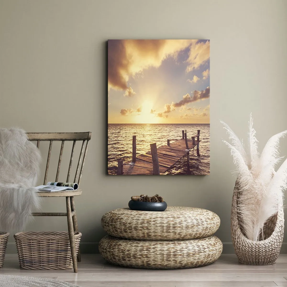 Impression sur toile - Image sur toile - Une jetée en bois menant vers le coucher du soleil - 50x70cm - La terre d'or de la douceur - Décoration murale moderne pour le salon et la chambre ARTTOR