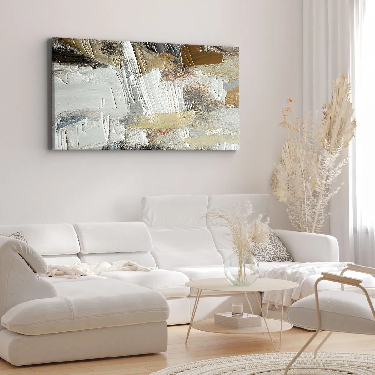 Impression sur toile - Image sur toile - Abstraction texturale dans des tons terre et blanc - 120x50cm - Couches colorées - Décoration murale moderne pour le salon et la chambre ARTTOR