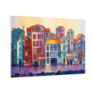 Impression sur verre - Image sur verre - Des immeubles colorés se reflètent dans l'eau - 100x70cm - Une ville comme dans un conte de fées - Décoration murale moderne pour le salon et la chambre ARTTOR