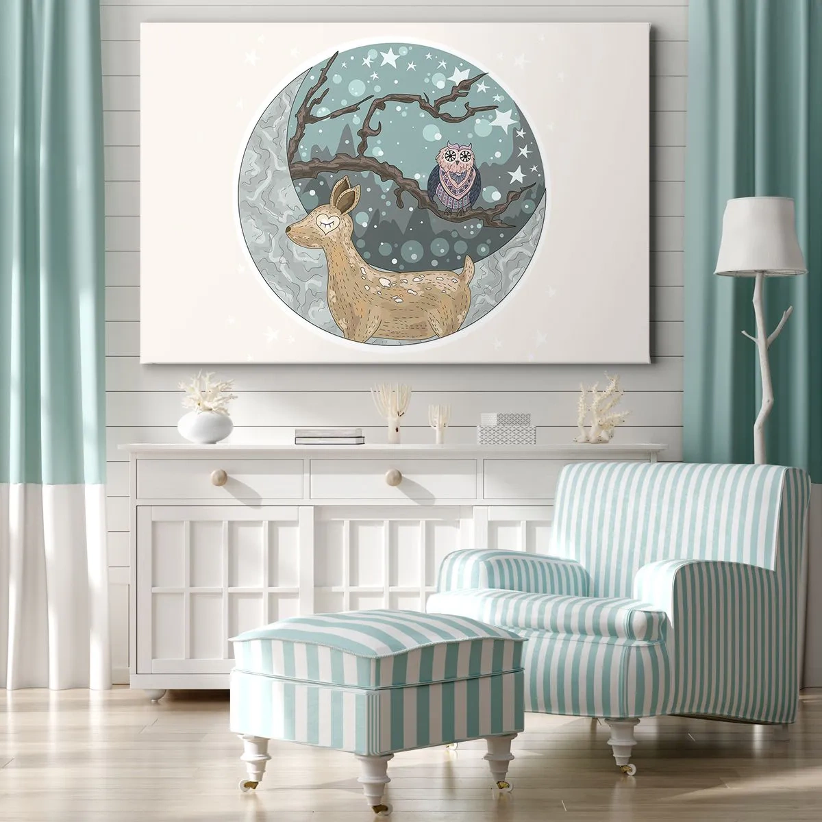 Impression sur toile - Image sur toile - Un cerf et un hibou dans un paysage nocturne de conte de fées - 100x70cm - Une nuit de conte de fées en forêt - Décoration murale moderne pour le salon et la chambre ARTTOR