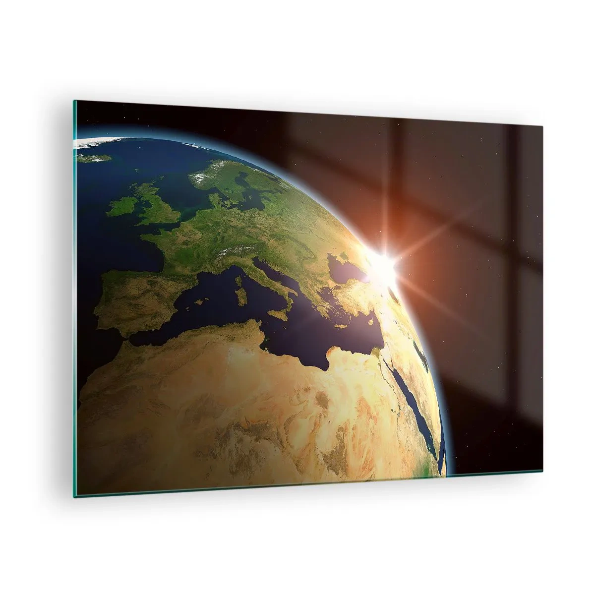 Impression sur verre - Image sur verre - La Terre illuminée par le soleil levant depuis l'espace - 70x50cm - Lever de soleil - Décoration murale moderne pour le salon et la chambre ARTTOR