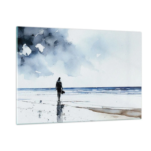 Impression sur verre - Image sur verre - Silhouette d'une personne au bord de la mer dans une aquarelle délicate - 120x80cm - Conversation avec la mer - Décoration murale moderne pour le salon et la chambre ARTTOR
