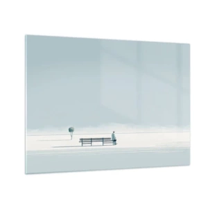 Impression sur verre - Image sur verre - Une figure sur un banc dans un paysage minimaliste - 70x50cm - Oui, j'attends. - Décoration murale moderne pour le salon et la chambre ARTTOR