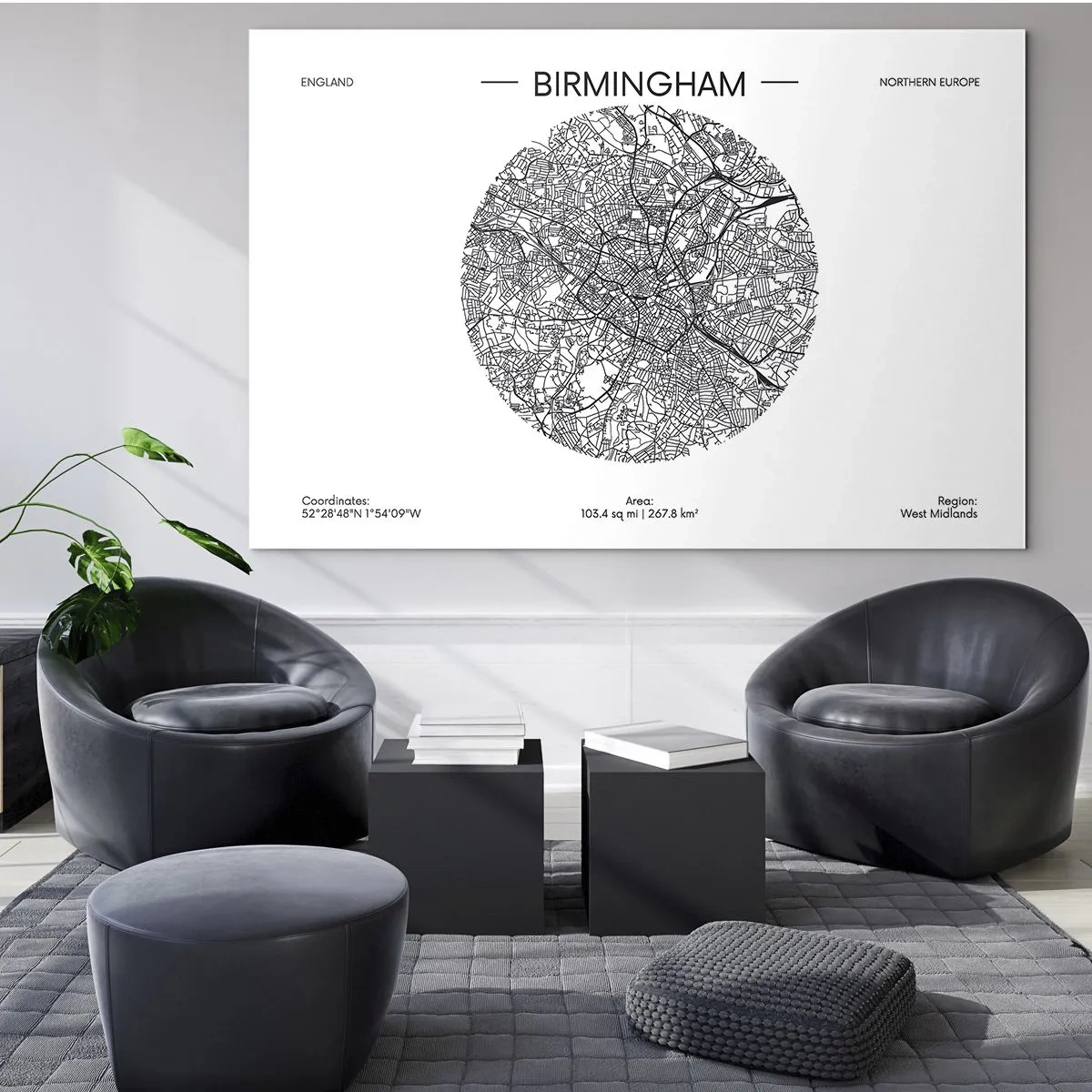 Impression sur verre - Image sur verre - Carte de Birmingham en noir et blanc dans un style graphique moderne - 70x50cm - Anatomie de Birmingham - Décoration murale moderne pour le salon et la chambre ARTTOR