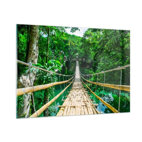 Impression sur verre - Image sur verre - Un pont en bambou suspendu au milieu de la verdure tropicale au-dessus d'une rivière - 100x70cm - Pont de singe en pleine nature - Décoration murale moderne pour le salon et la chambre ARTTOR