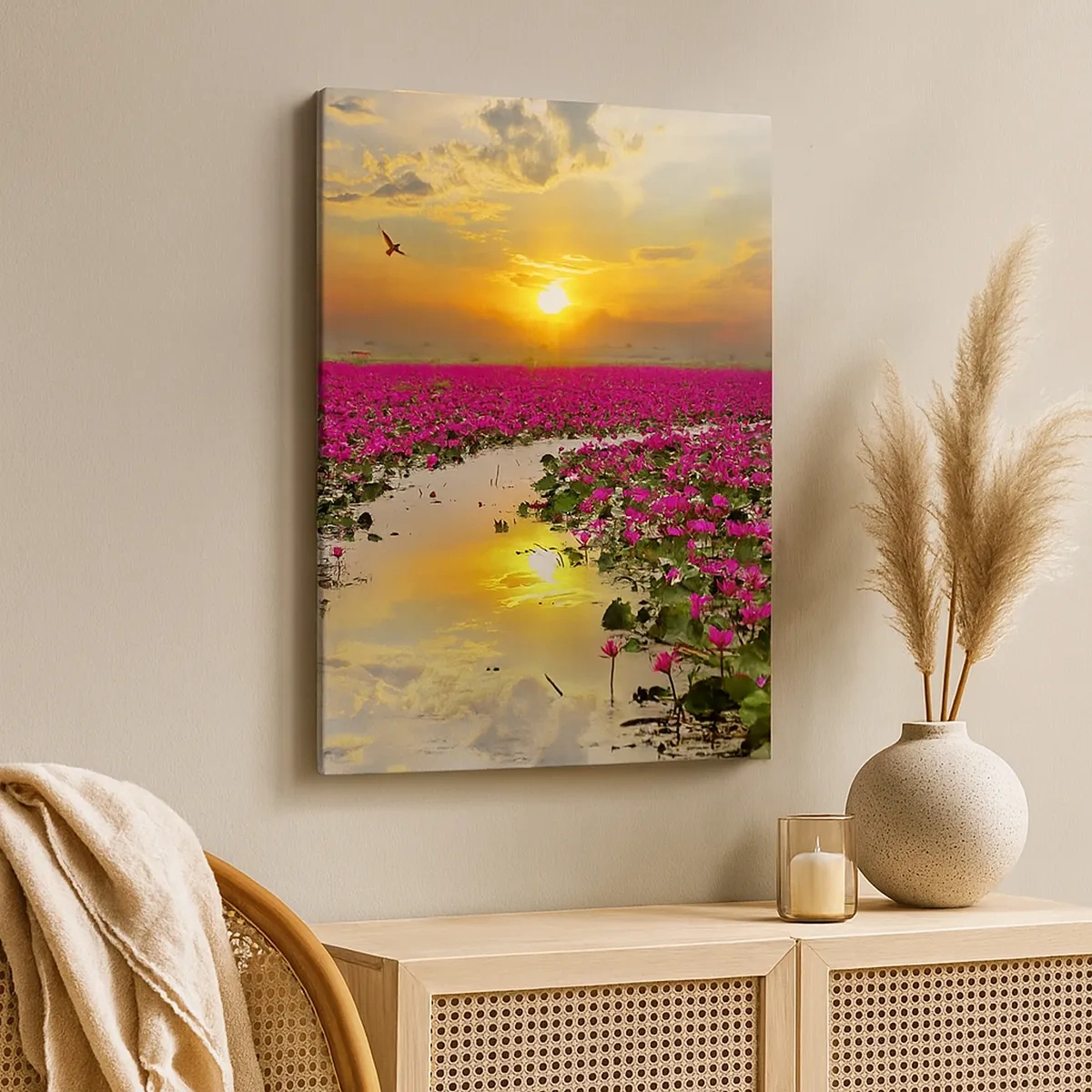 Impression sur toile - Image sur toile - Un champ de nénuphars roses au coucher du soleil - 50x70cm - La vie secrète du lac - Décoration murale moderne pour le salon et la chambre ARTTOR
