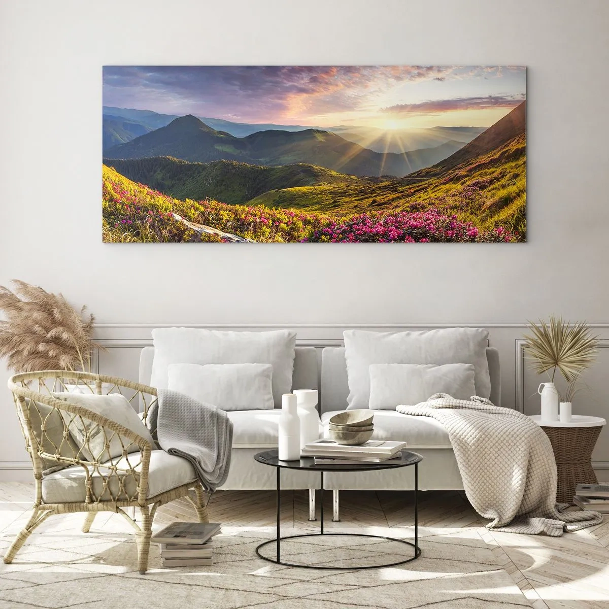 Impression sur verre - Image sur verre - Paysage de montagne avec des rhododendrons en fleurs - 140x50cm - Fraîcheur matinale en montagne - Décoration murale moderne pour le salon et la chambre ARTTOR