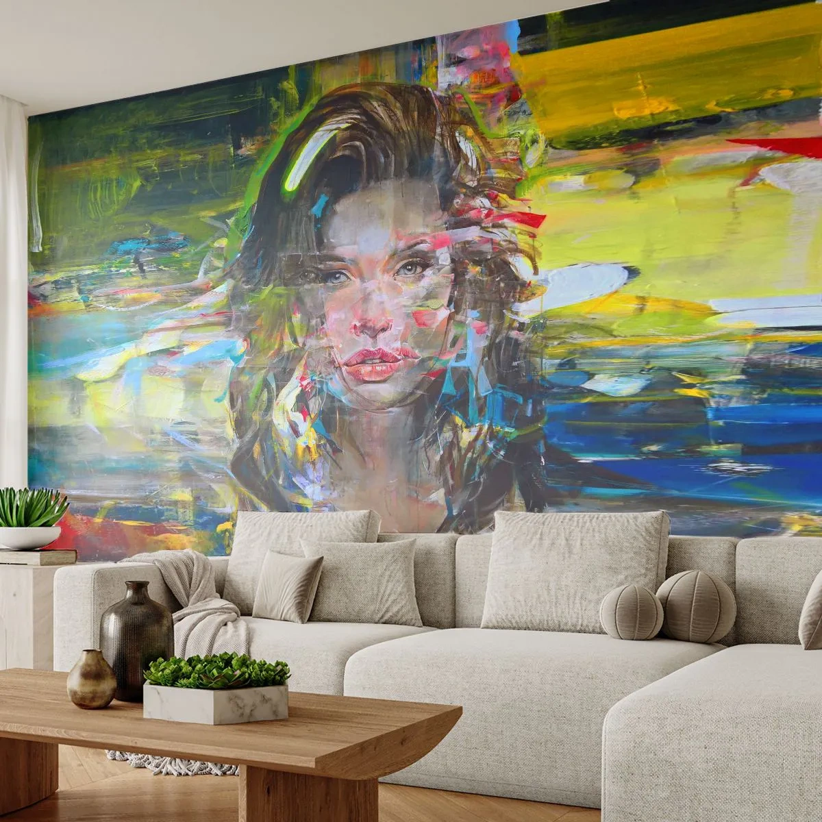 Papier Peint Autocollant Deluxe Sticker - Derrière l'air, un rideau - Portrait d'une femme, Affronter, Abstraction - 250x175 cm