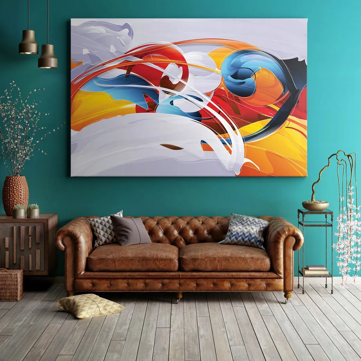 Impression sur toile - Image sur toile - Abstraction colorée avec des lignes dynamiques et des couleurs vives - 100x70cm - La danse des éléments - Décoration murale moderne pour le salon et la chambre ARTTOR