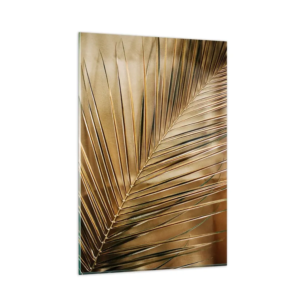 Impression sur verre - Image sur verre - Feuille de palmier dorée sur fond uni - 80x120cm - Colonnade naturelle - Décoration murale moderne pour le salon et la chambre ARTTOR