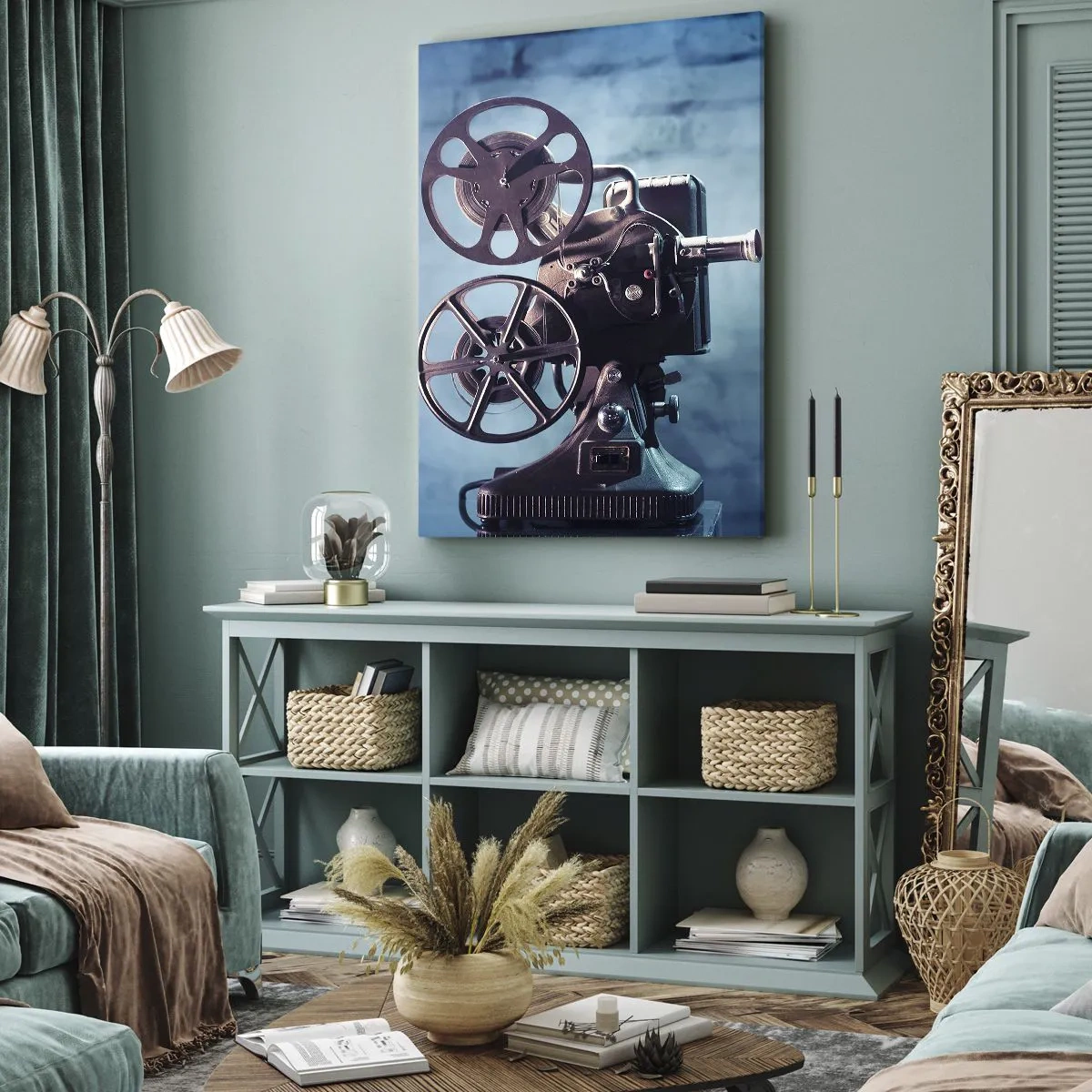 Impression sur toile - Image sur toile - Un vieux projecteur de cinéma projetant de la lumière sur un fond bleu - 50x70cm - Dans un vieux cinéma - Décoration murale moderne pour le salon et la chambre ARTTOR