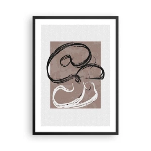 Affiche dans un cadre noir - Poster - Composition abstraite avec des coups de pinceau dynamiques en noir et blanc sur fond marron. - 50x70cm - Composition – la recherche de la plénitude - Décoration murale moderne pour le salon et la chambre ARTTOR