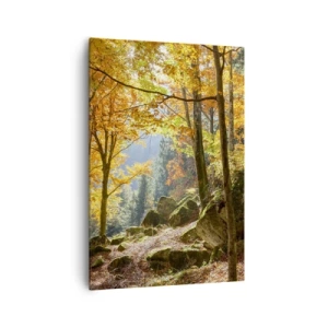Impression sur toile - Image sur toile - Une forêt d'automne pleine de feuilles dorées et de soleil - 70x100cm - Il est temps de se détendre - Décoration murale moderne pour le salon et la chambre ARTTOR