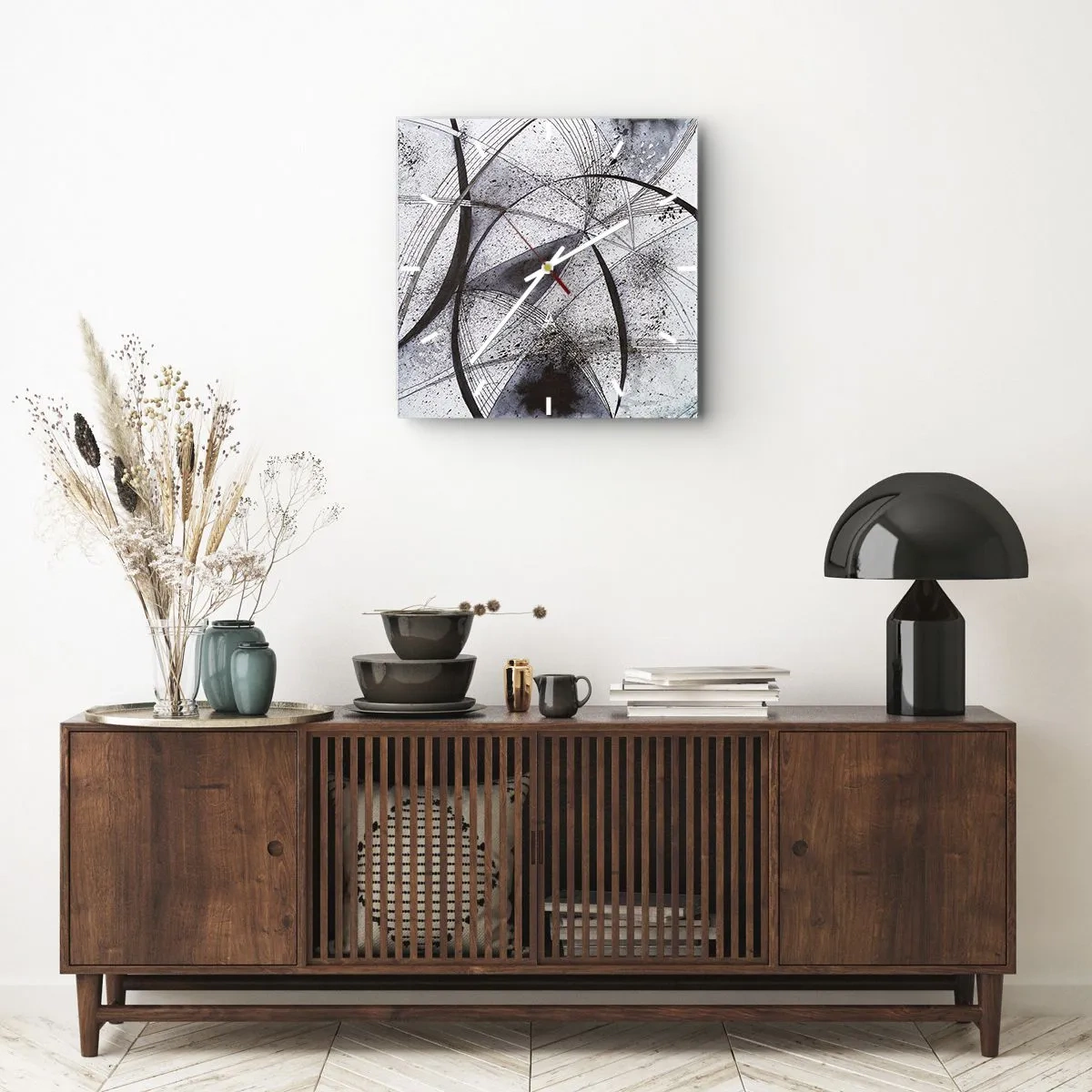 Horloge murale - Pendule murale - Lignes et formes abstraites dans des tons de gris et de noir - 30x30cm - Fantaisie futuriste - Décoration murale moderne pour le salon et la chambre ARTTOR