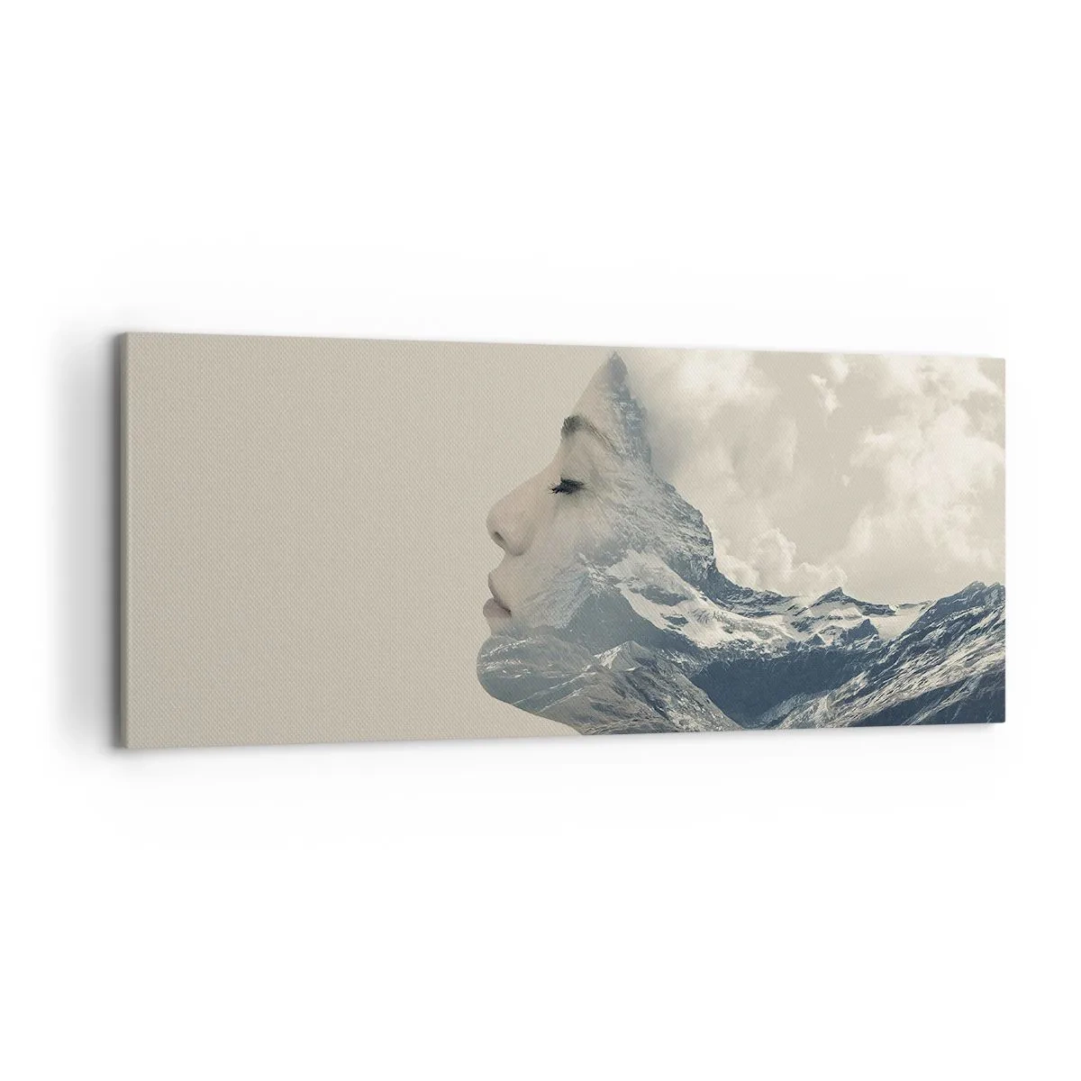 Impression sur toile - Image sur toile - Silhouette d'une femme avec un paysage de montagne en arrière-plan - 120x50cm - La beauté des éléments - Décoration murale moderne pour le salon et la chambre ARTTOR
